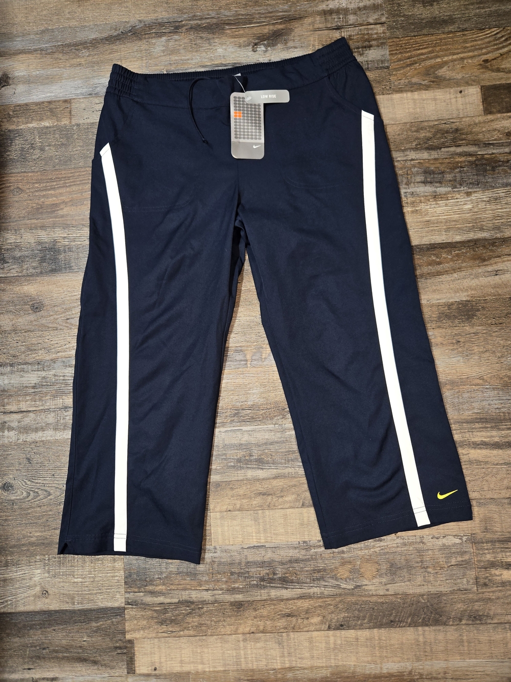 Vtg Nike Navy Jogger Pants with White Side Panels and Yellow Swoosh